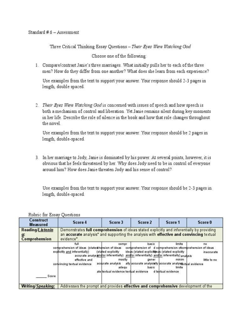 Standard 6 B Assessment Critical Thinking Questions Reading Comprehension Narrative