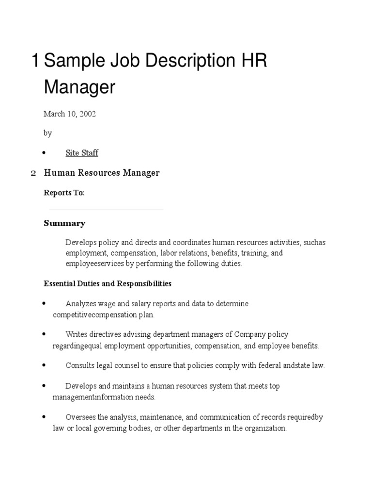Sample Job Description Hr Manager | Pdf | Human Resource Management |  Employment