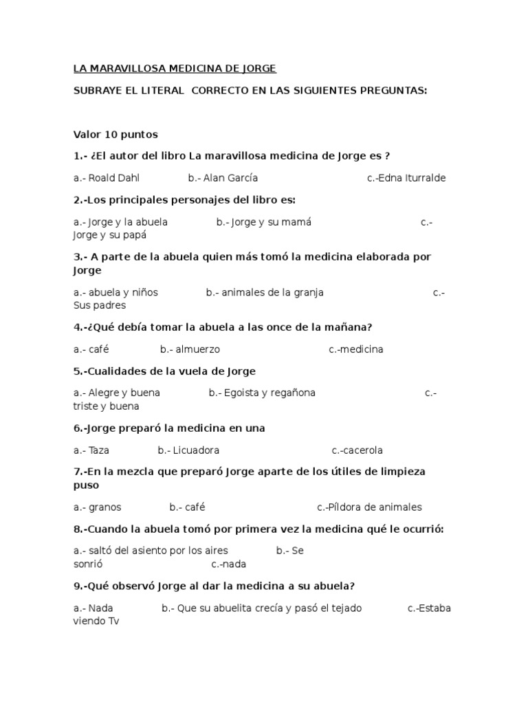Prueba La Maravillosa Medicina de Jorge | PDF