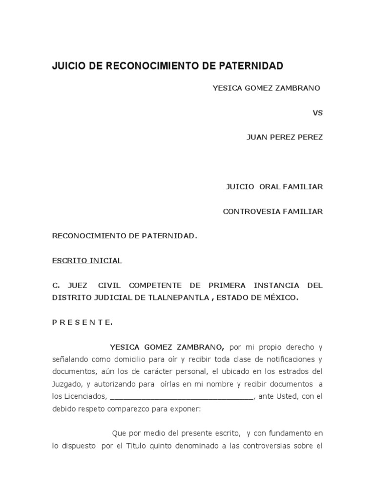 Juicio de Reconocimiento de Paternidad Formato | PDF | Evidencia (ley) |  Testigo experto