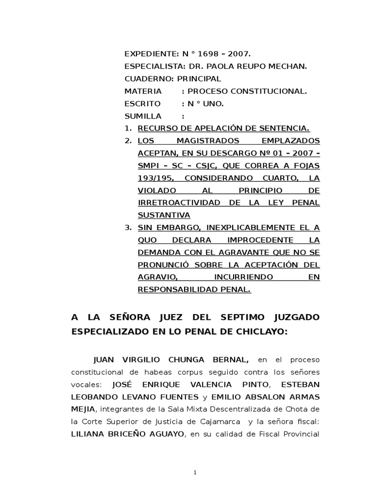 Recurso de Apelación de Habeas Corpus1 | PDF | Habeas corpus | Ley procesal