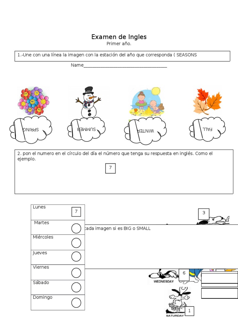 Examen De Ingles Para Nios De Primer Grado De Primaria INGLÉS PARA