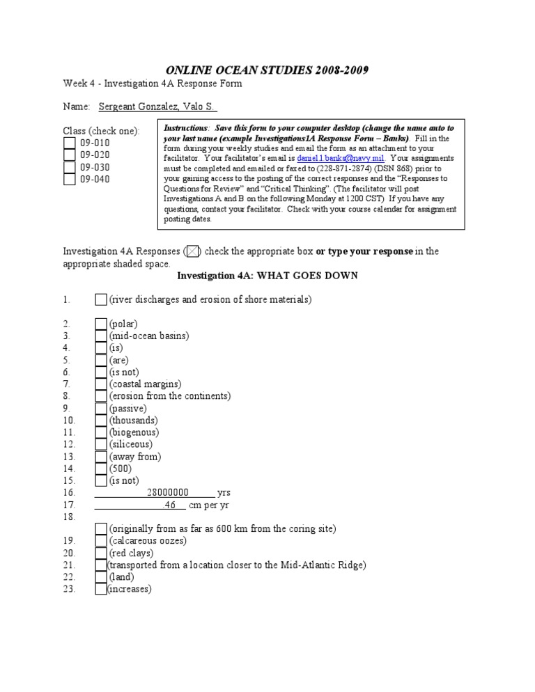 Ocean Studies Investigation 4A Form | PDF
