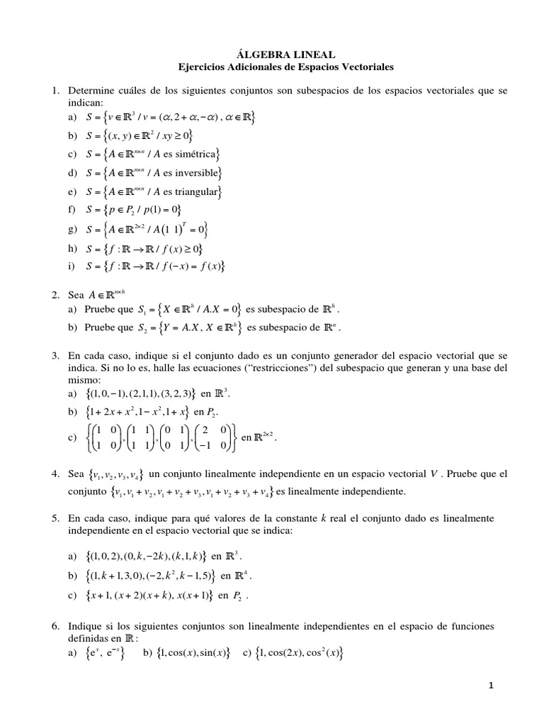 Ejercicios Espacios Vectoriales Espacio Vectorial Sistema De Ecuaciones Lineales