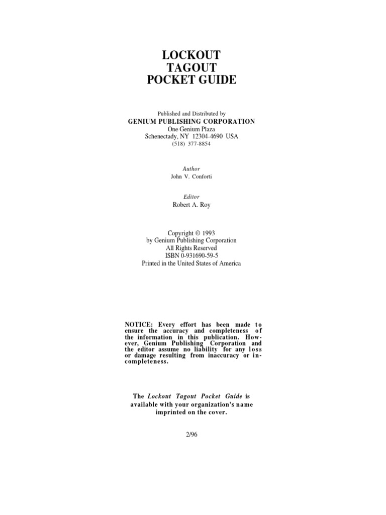 Lockout Tagout Pocket Guide: One Genium Plaza Schenectady, NY 12304 ...