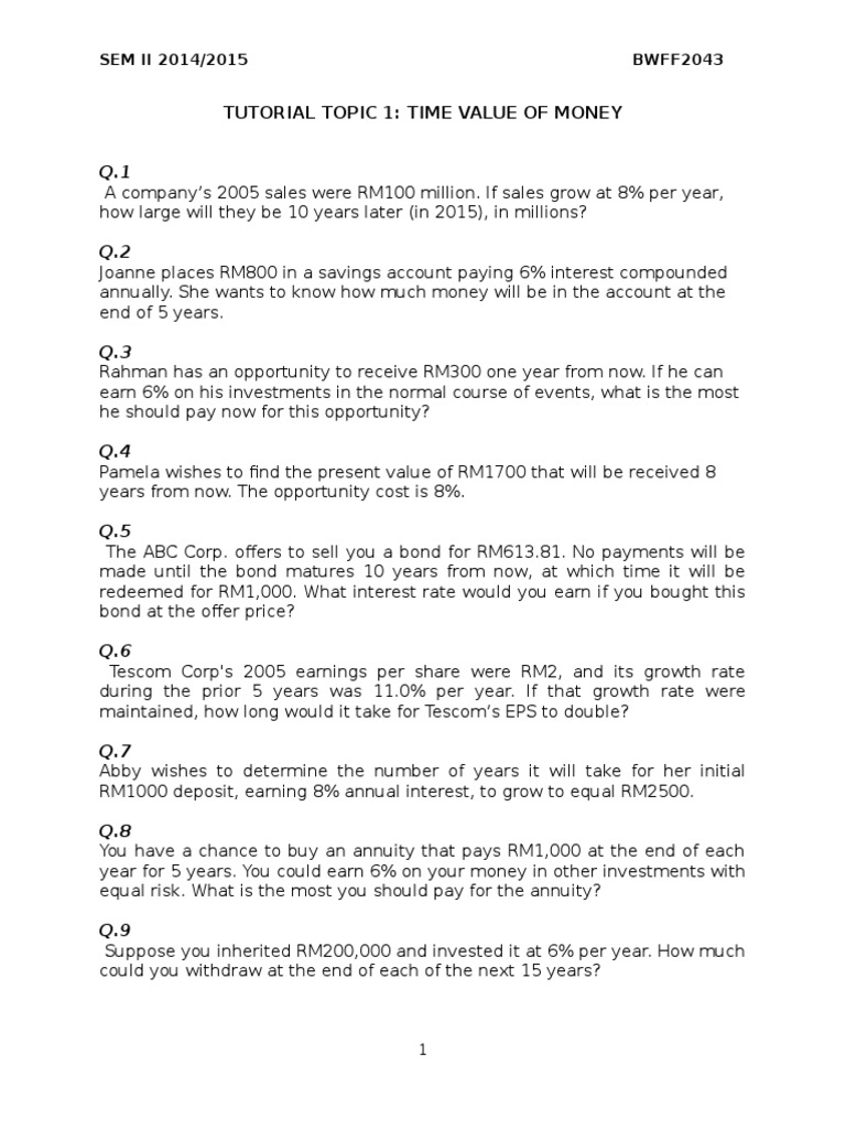 Tutorial Chap 1 | PDF | Present Value | Interest