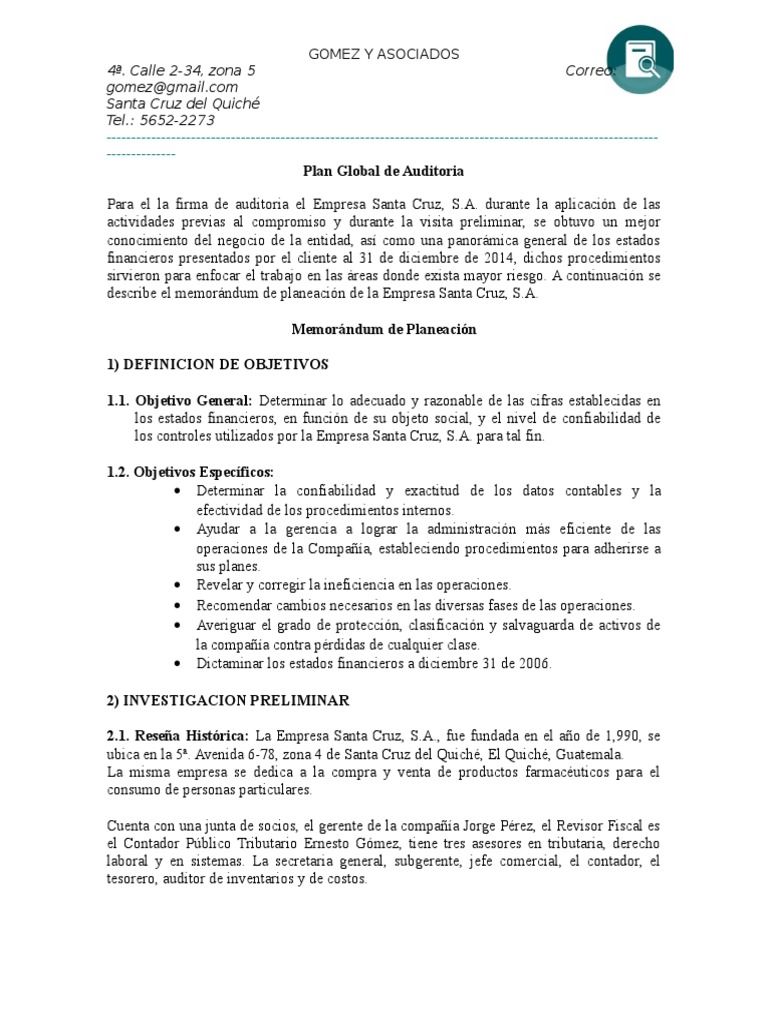 Plan Global de Auditoria | PDF | Auditoría financiera | Contabilidad