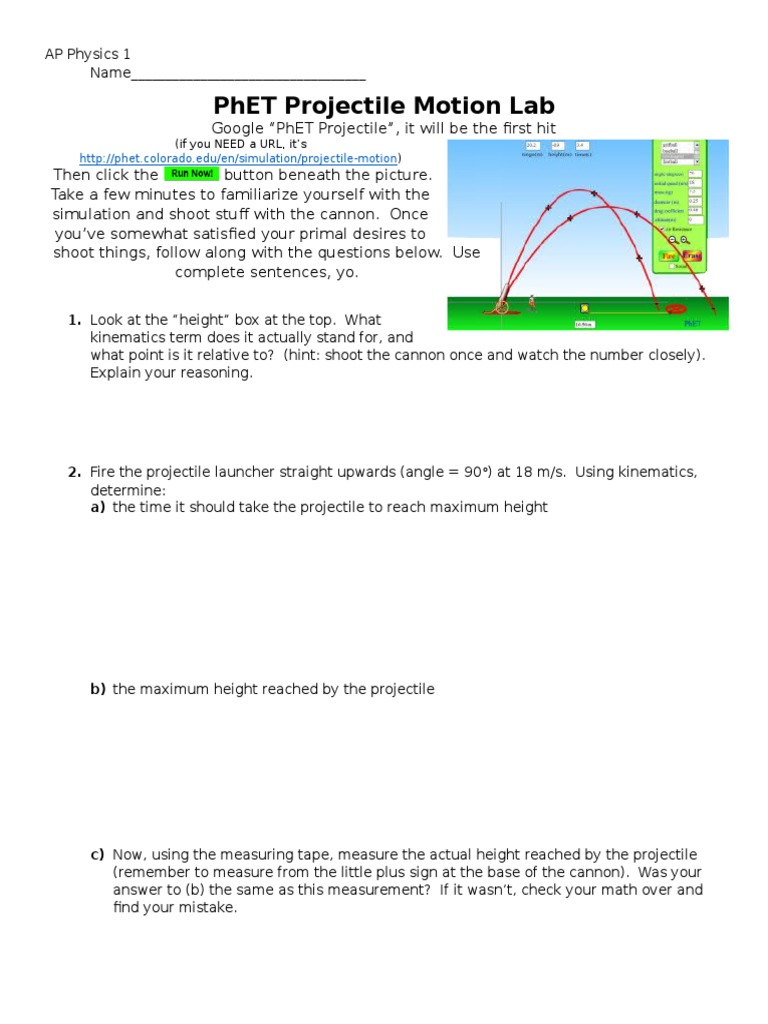 Worksheets Projectile Motion Worksheet With Answers ap physics phet projectile lab trajectory drag physics