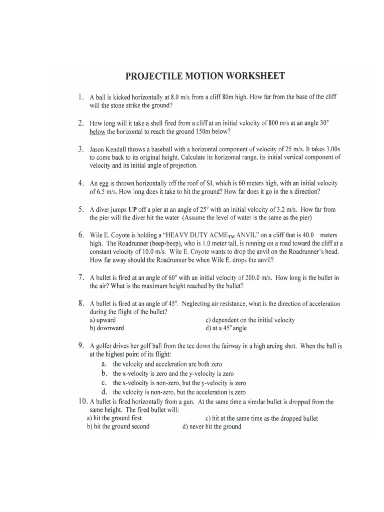 Projectile Motion Worksheet