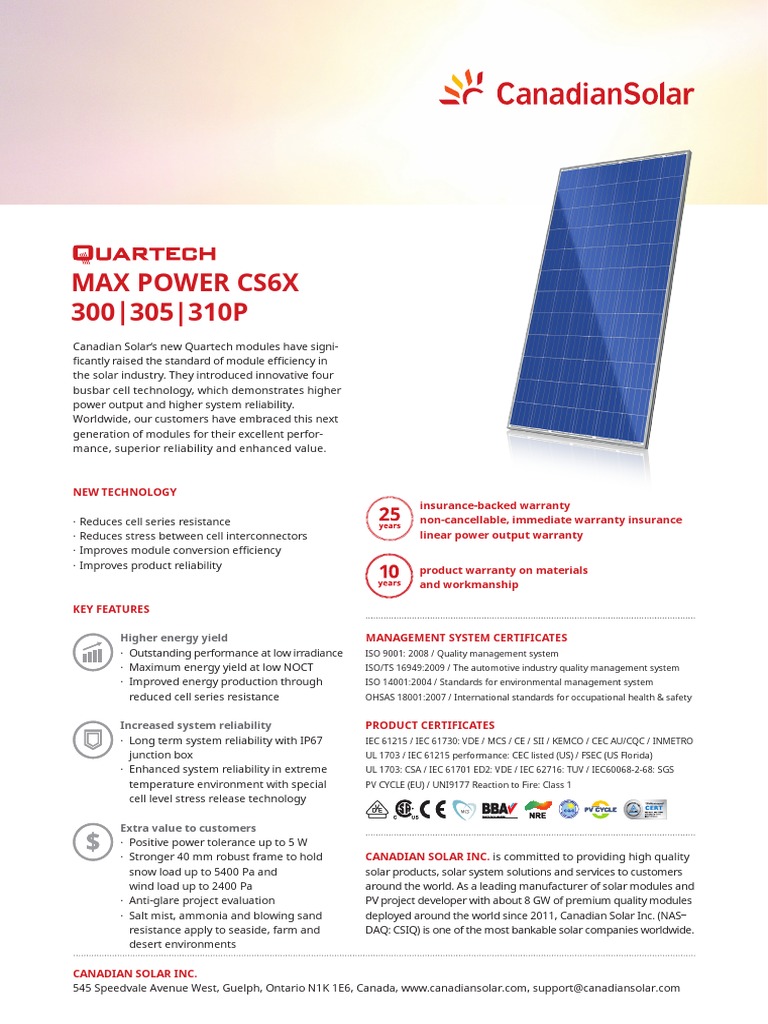 Canadian Solar CS6X Module Overview | PDF | Electrical Engineering ...