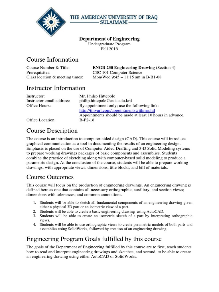 ENGR 230 Engineering Drawing Syllabus Fall 2016 PDF | PDF