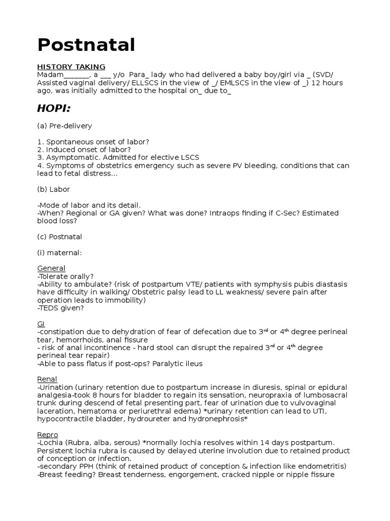 Postnatal History Taking Guide | PDF | Postpartum Period | Childbirth