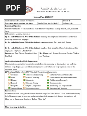 lesson plan pe 2 body shapes stertch curl tuck and twist pdf physical education lesson plan