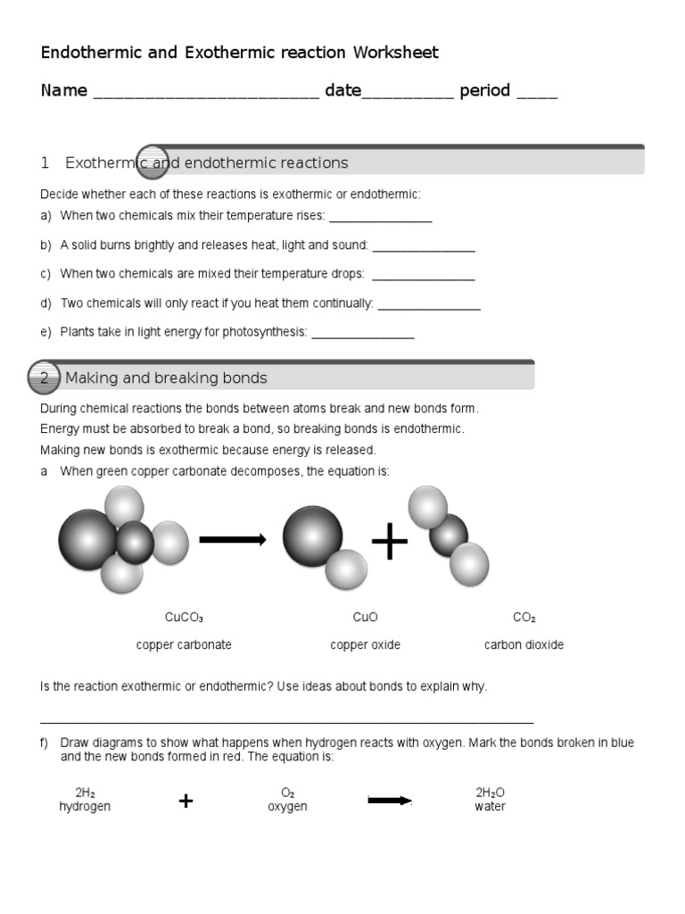 Endothermic and Exothermic Reaction Worksheet | Chemical Reactions | Oxygen