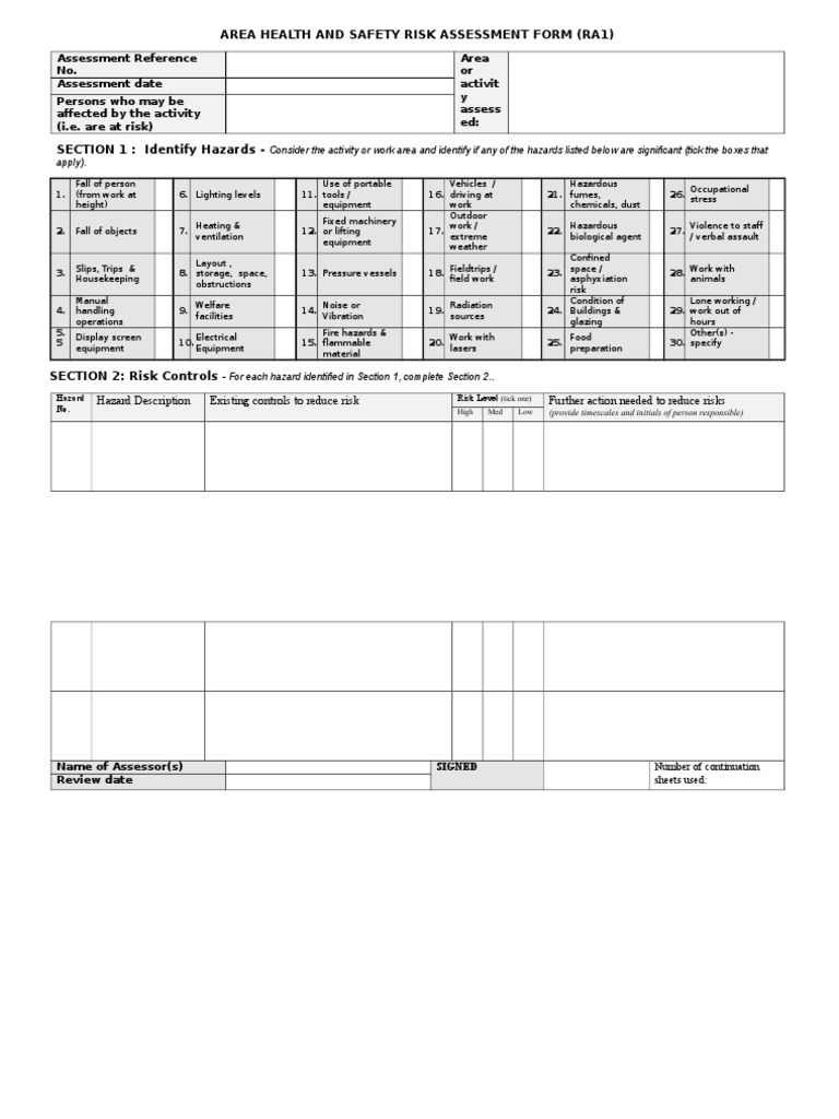 Area Health and Safety Risk Assessment Form | PDF