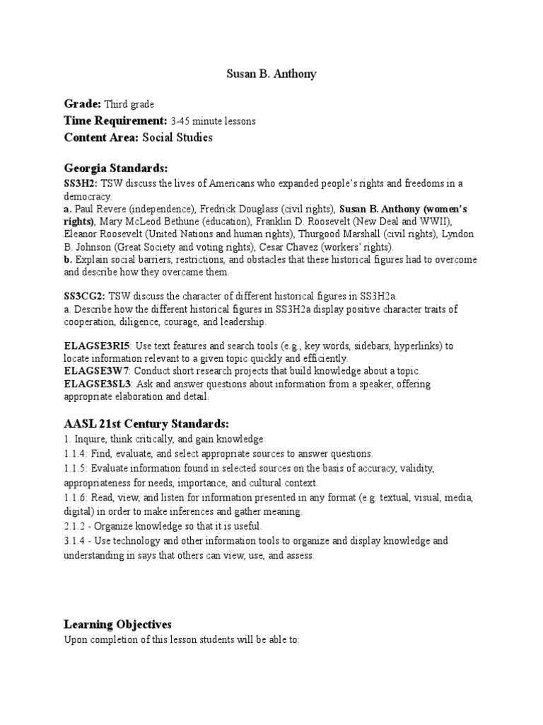 Susan B. Anthony Biography Lesson Plan | PDF | Learning | Psychological ...