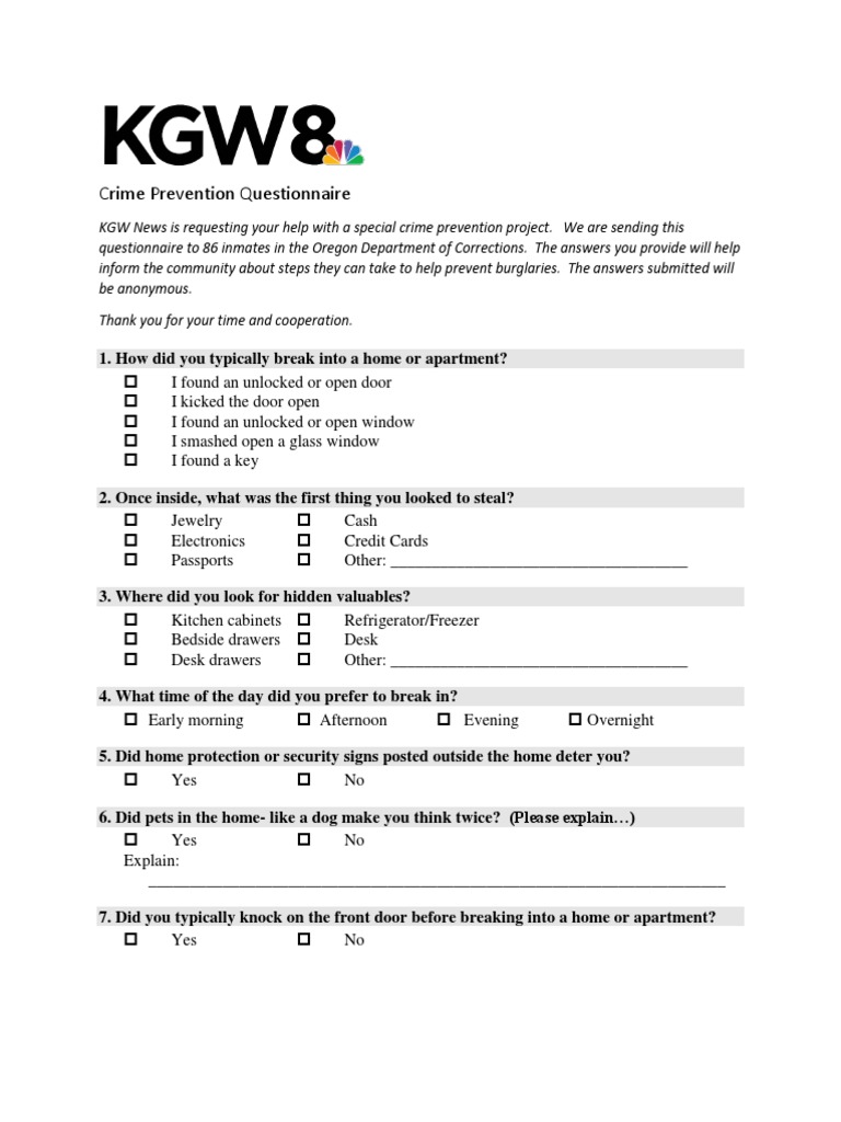 Crime Prevention Questionnaire