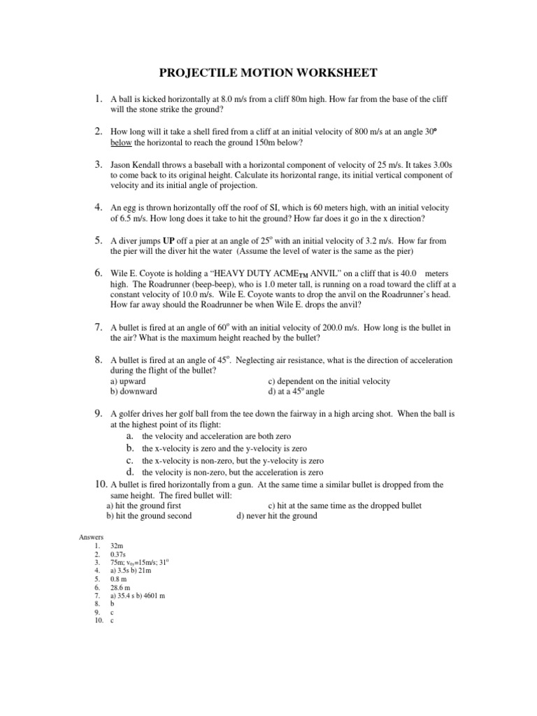 Worksheets Projectile Motion Worksheet With Answers projectile motion 1 with answers pdf