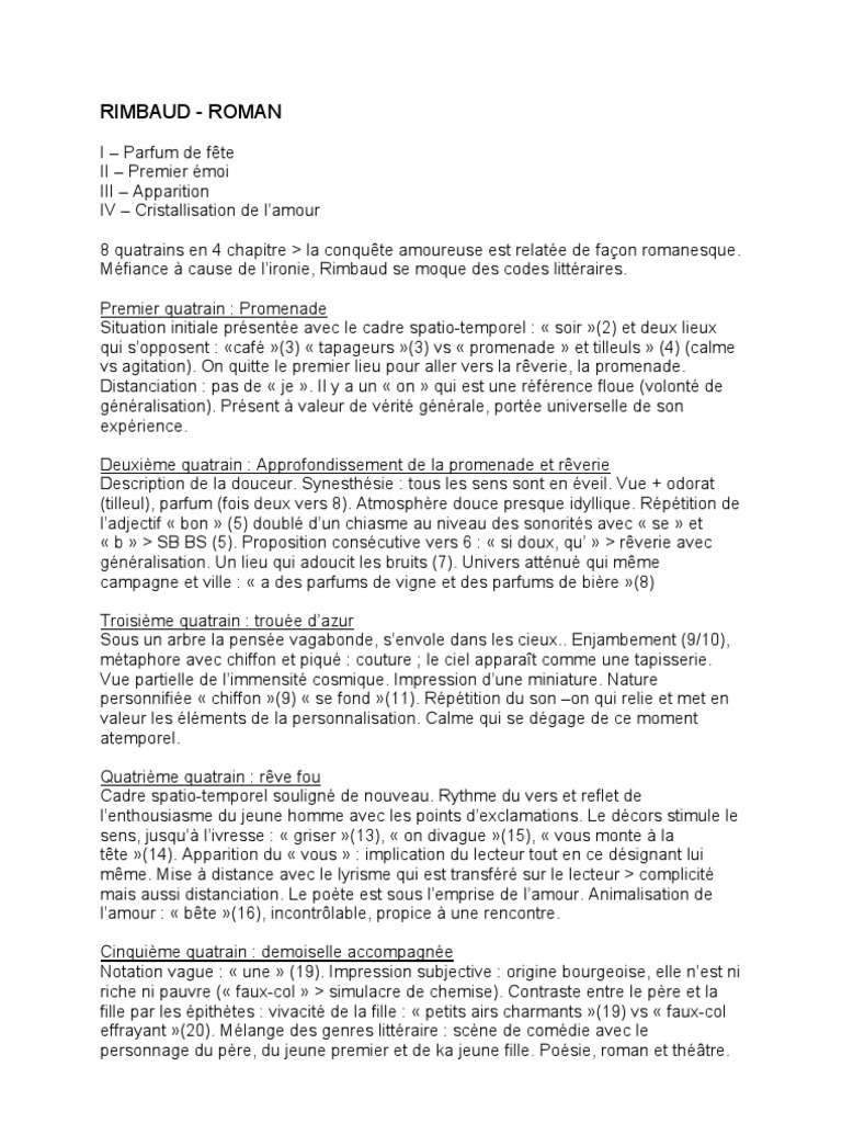 Rimbaud lecture linéaire Roman | Romans | Poésie