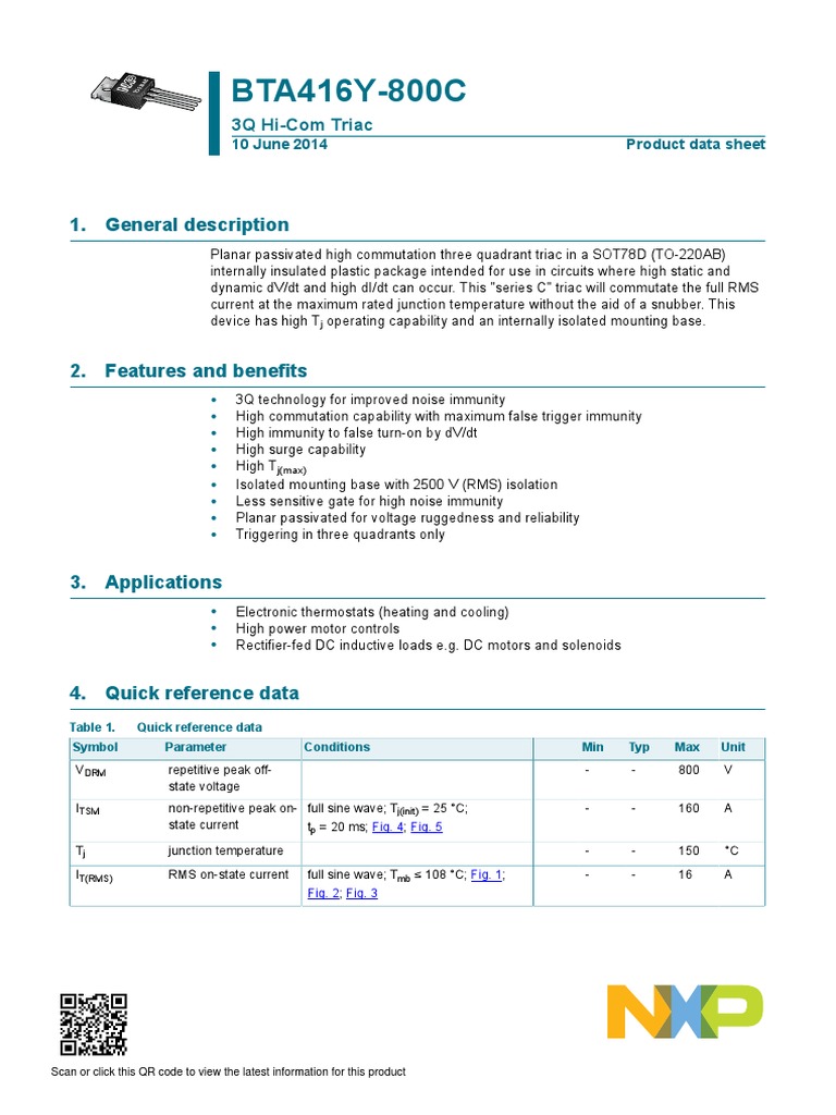 BTA416Y-800C: 1. General Description | PDF | Contractual Term | Electricity