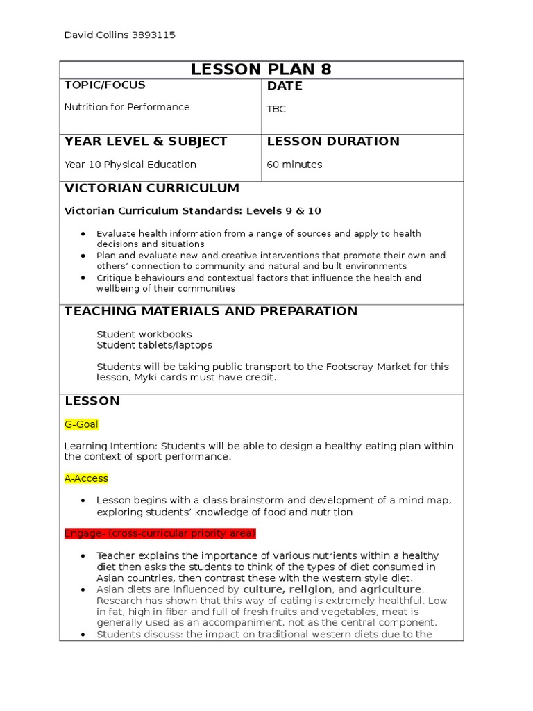 Year 10 Nutrition for Sports Lesson | PDF | Meal | Nutrition