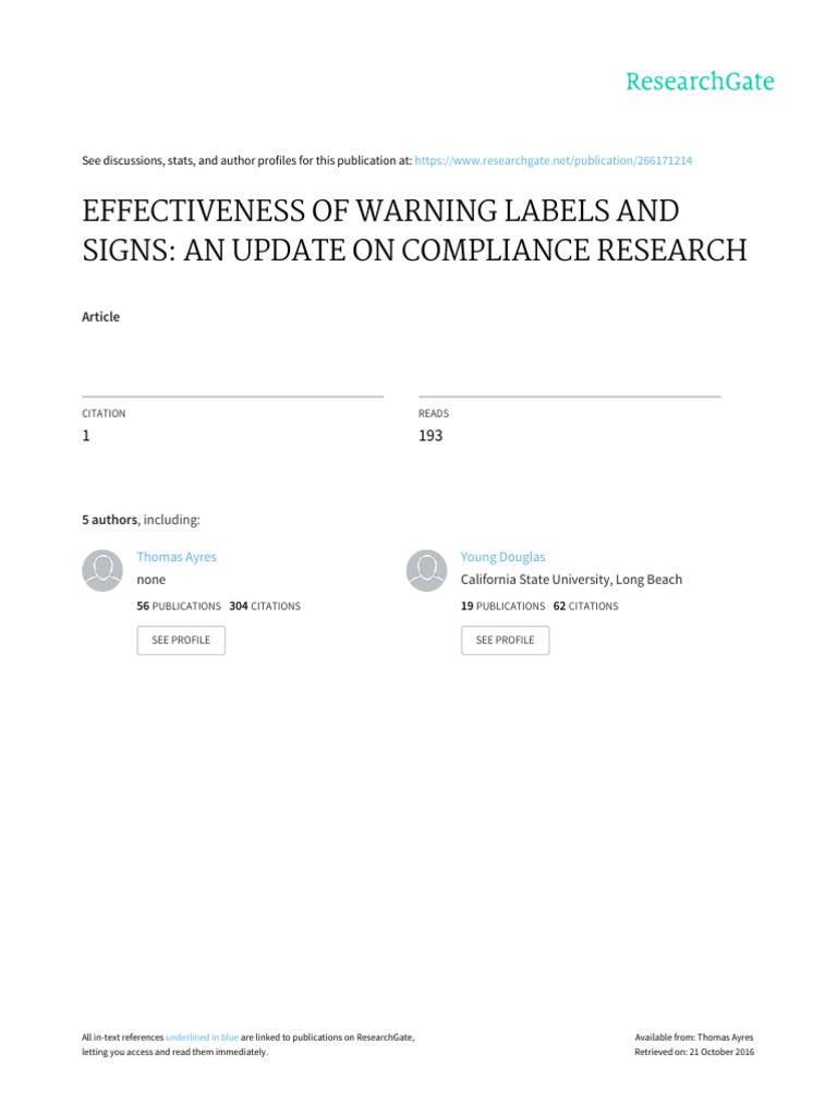 Effectiveness of Warning Labels and Signs An Update PDF Human