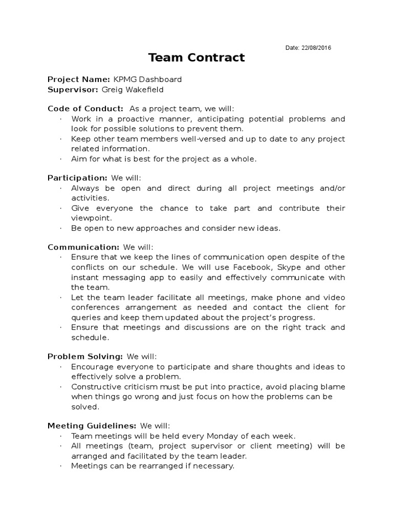 Team Contract: Project Name: KPMG Dashboard Supervisor: Greig Wakefield ...