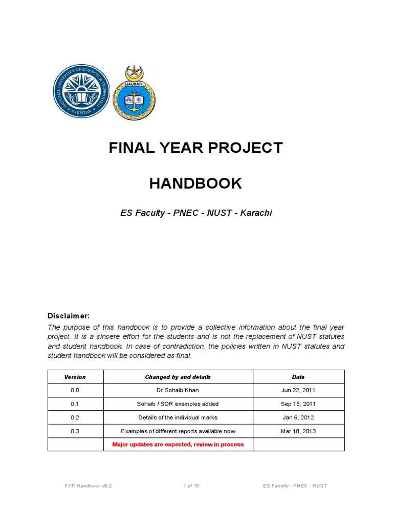 Final Year Project Handbook: ES Faculty PNEC NUST Karachi | PDF ...