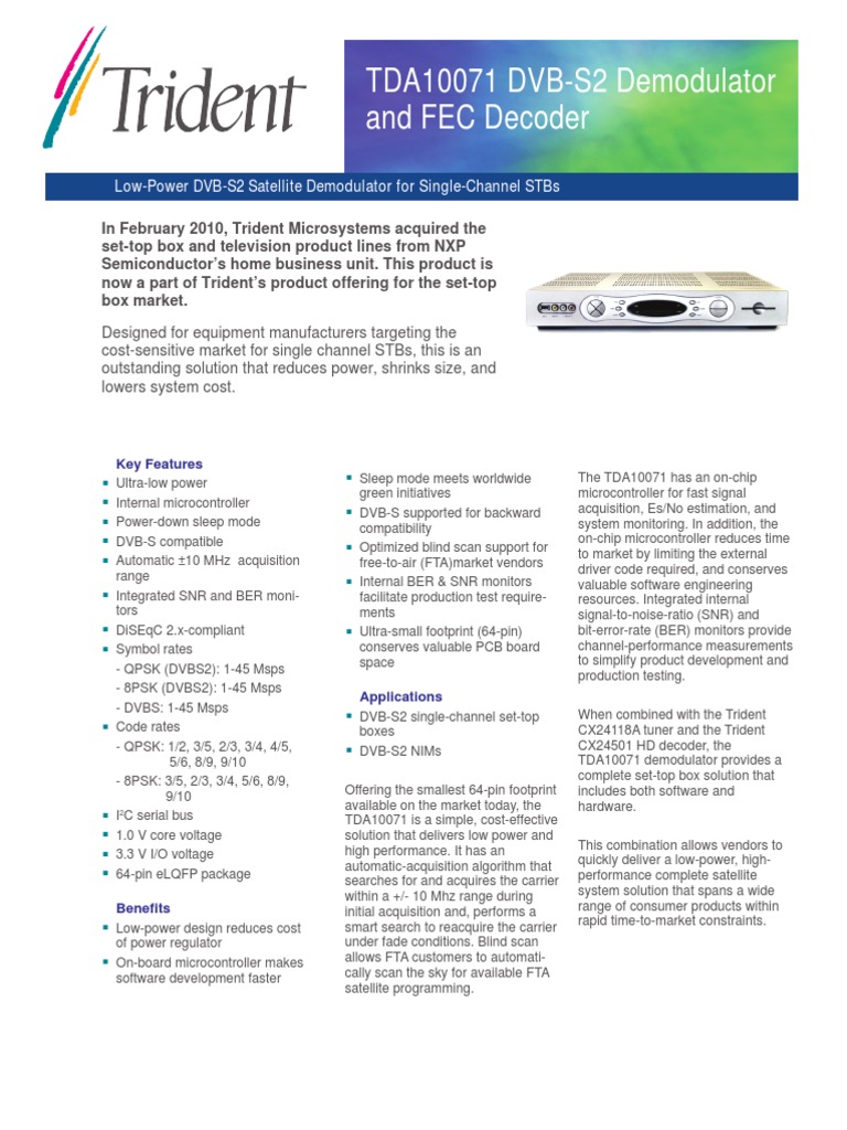 TDA10071 DVB-S2 Demodulator and FEC Decoder