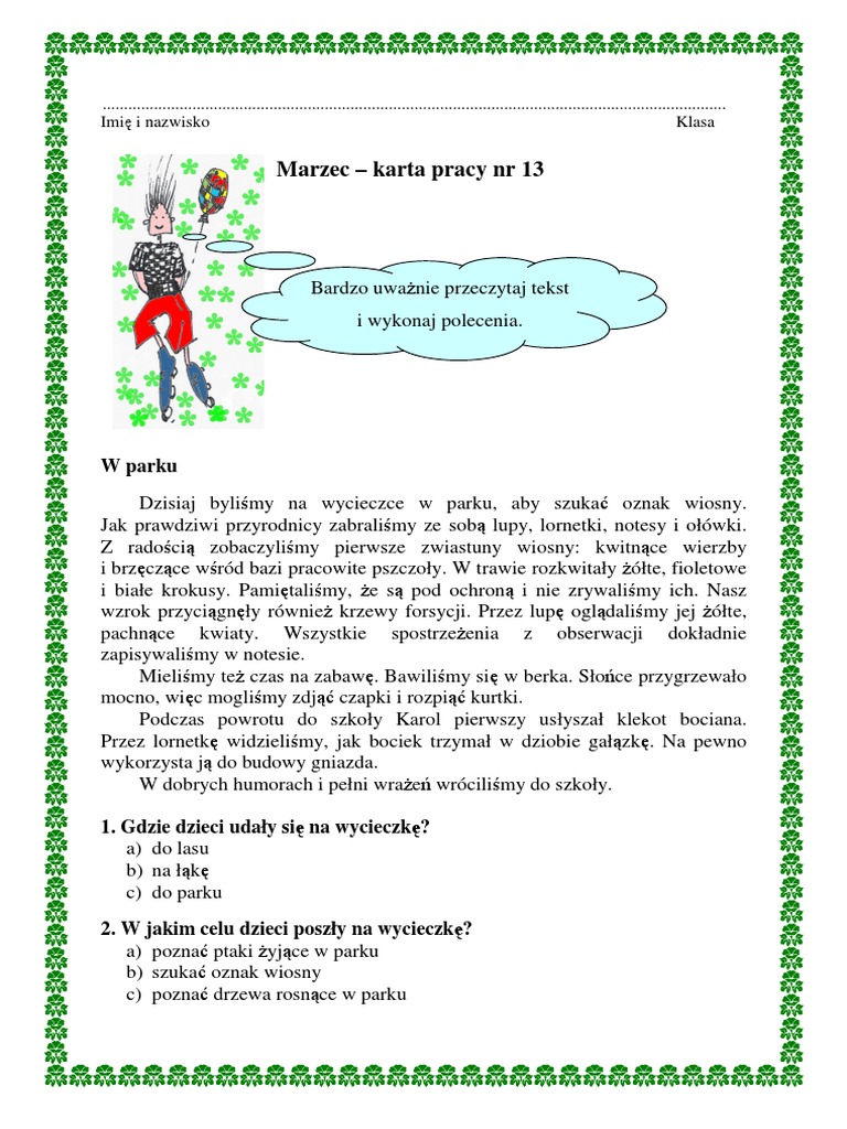 Czytanie Ze Zrozumieniem Klasa 1 Karty Pracy Pdf