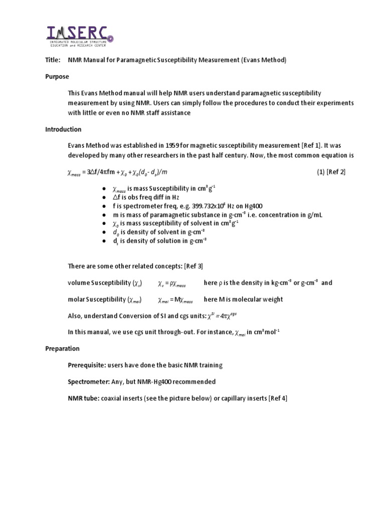 NMR Manual For Evans Method | PDF | Scientific Method | Electromagnetism