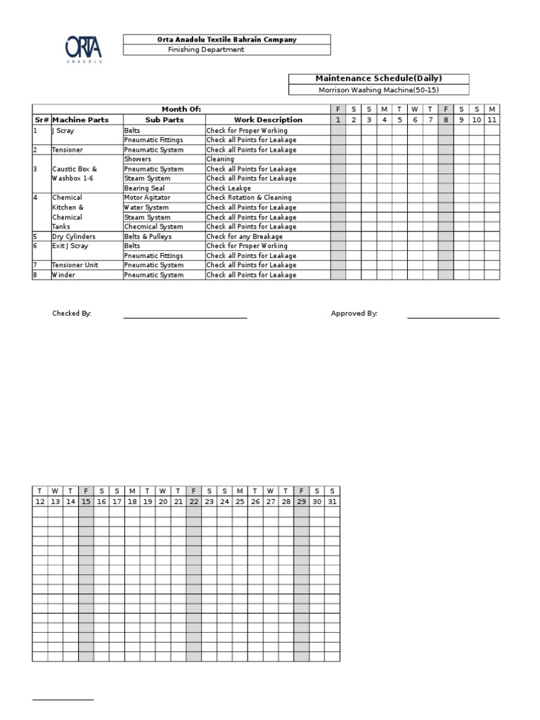 Daily Maintenance Schedule for Morrison Machine | PDF | Technology ...