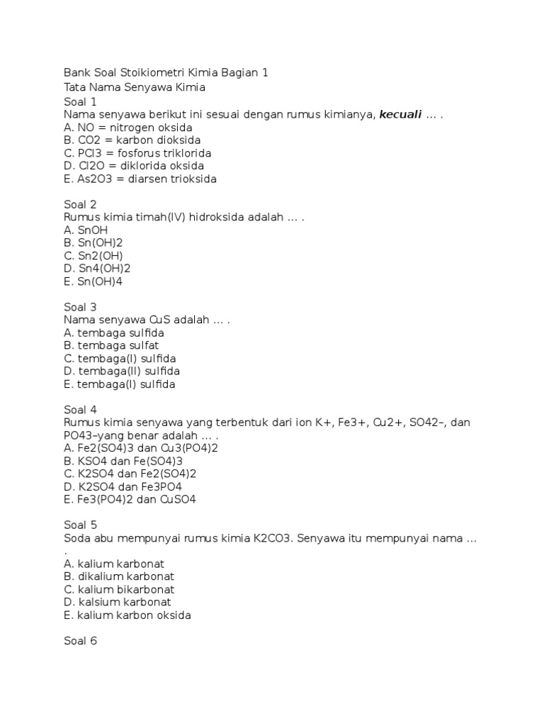 Bank Soal Stoikiometri Kimia Bagian 1 | PDF