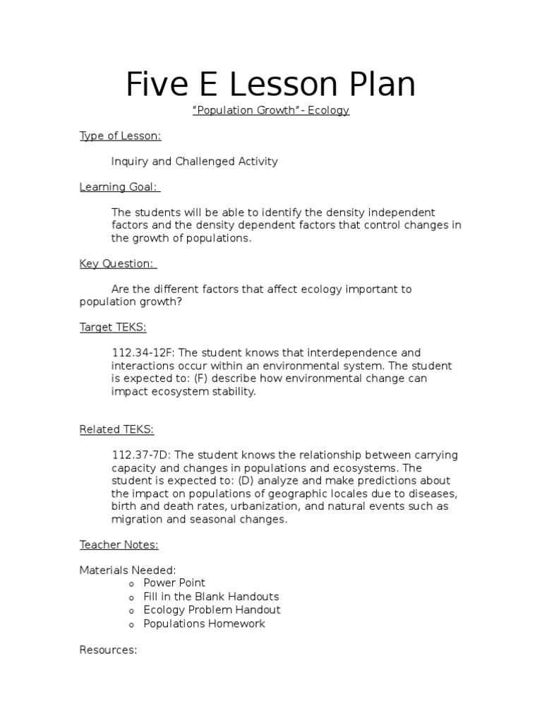 Ecosystem Population Growth Lesson Plan | PDF | Homework | Ecology