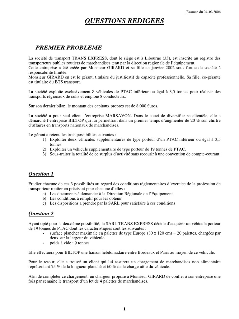 Sujet D Examen Capacité De Transport Marchandise