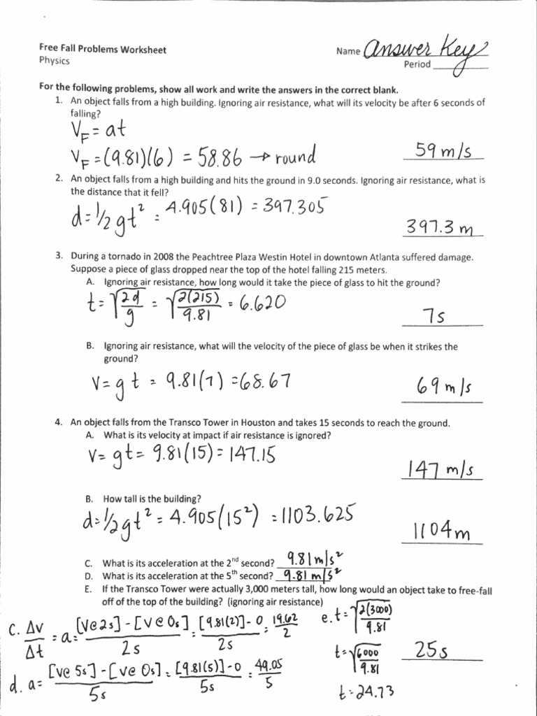 Free Fall Problems Answer Key