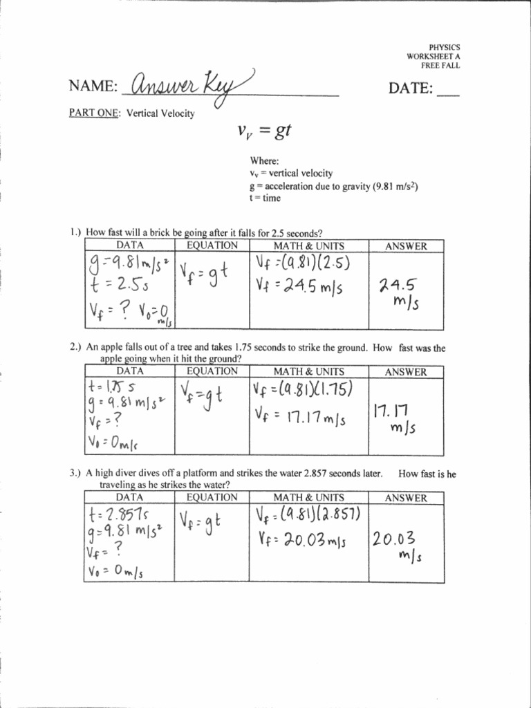Free Fall Worksheet T D V Great Answer Key  PDF  Inside Free Fall Worksheet Answers