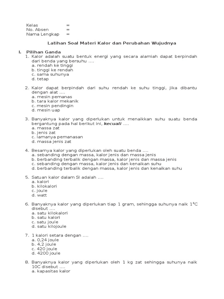 Soal Pilihan Ganda Kalor Smp Kelas 7