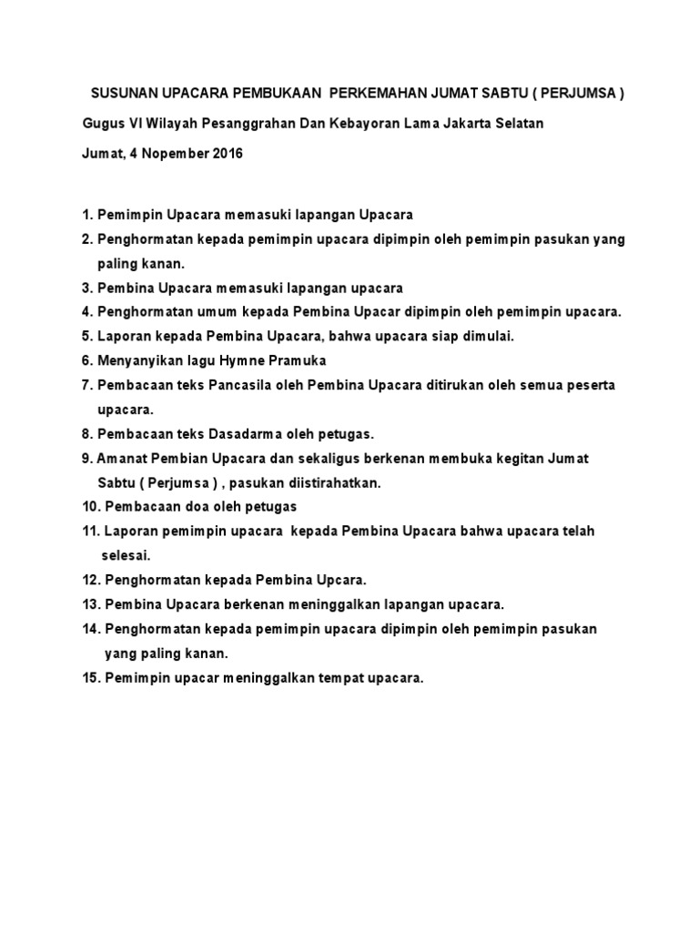 Susunan Upacara Pembukaan Perkemahan Jumat Sabtu