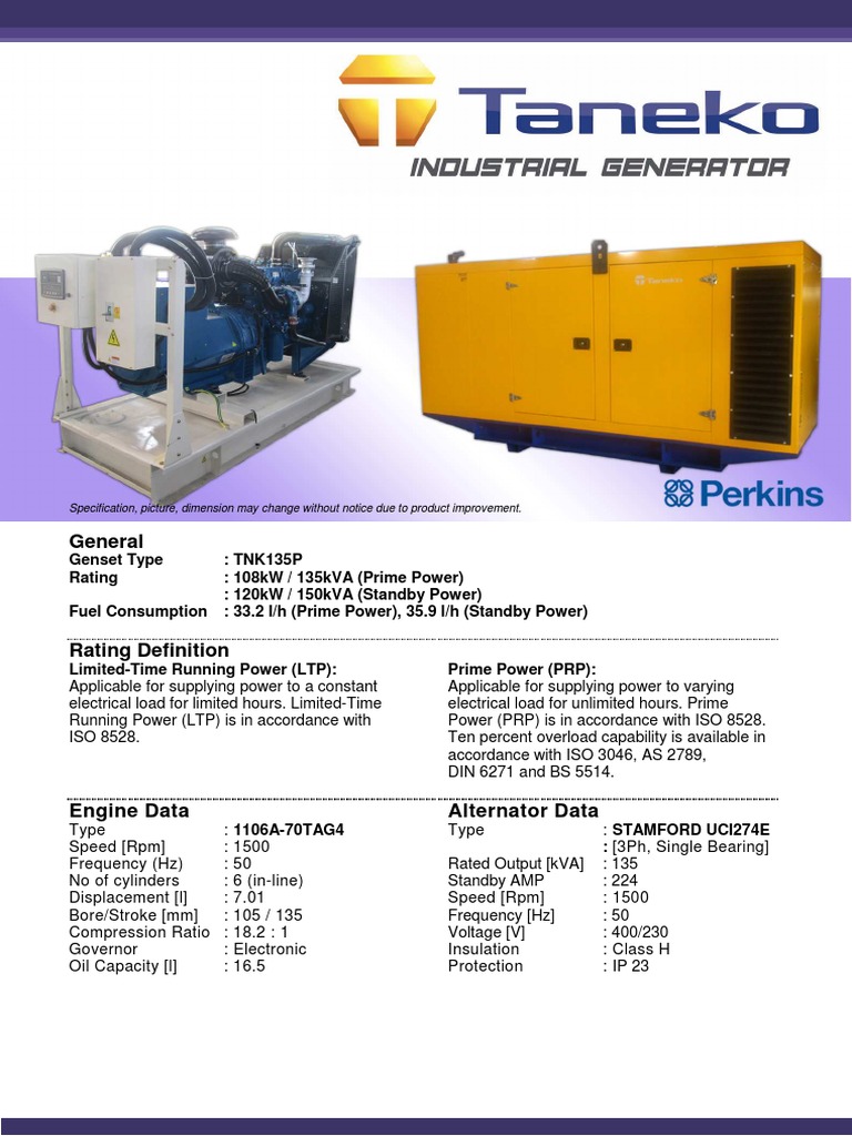 Specifications and Dimensions for a 108kW/135kVA Diesel Generator Set