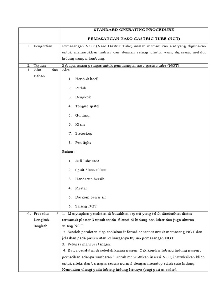 SOP Pemasangan NGT | PDF
