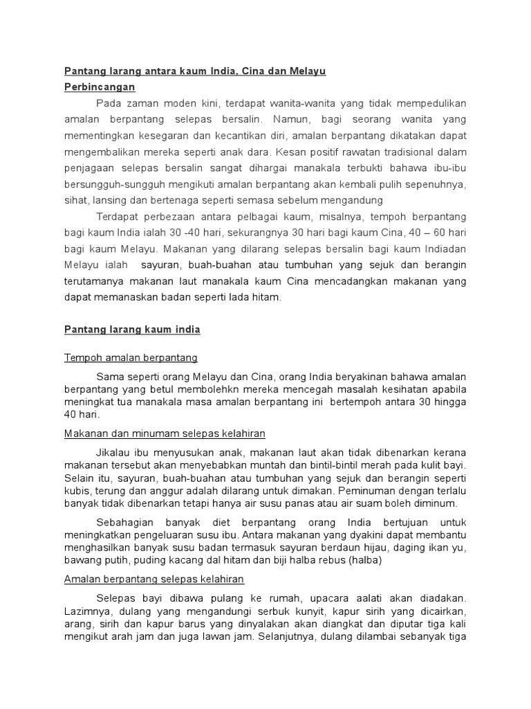 Pantang Larang Selepas Bersalin Kaum Cina Inidia Melayu
