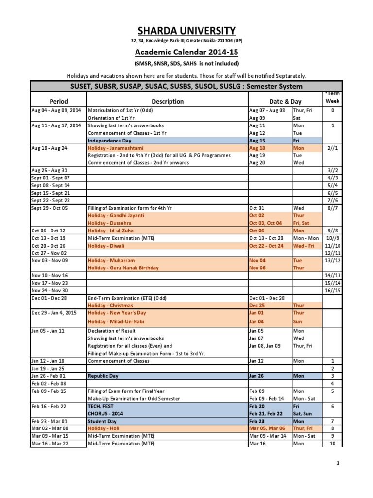 Academic Calendar for the Session 201415 (Semester System) Except SMSR