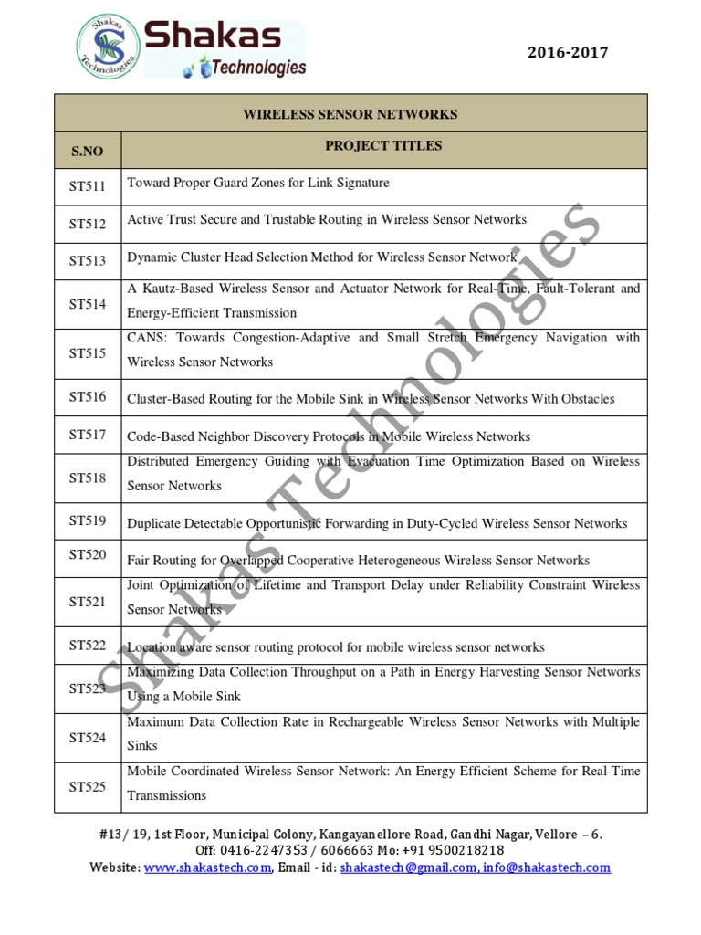 Wireless Sensor Networks Project Titles 20162017 PDF Wireless