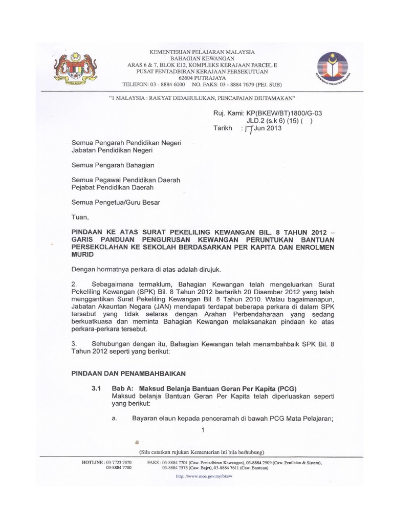 Kepada Para 13.6 Dalam Surat Pekeliling Kementerian Kewangan Bil.8 2013