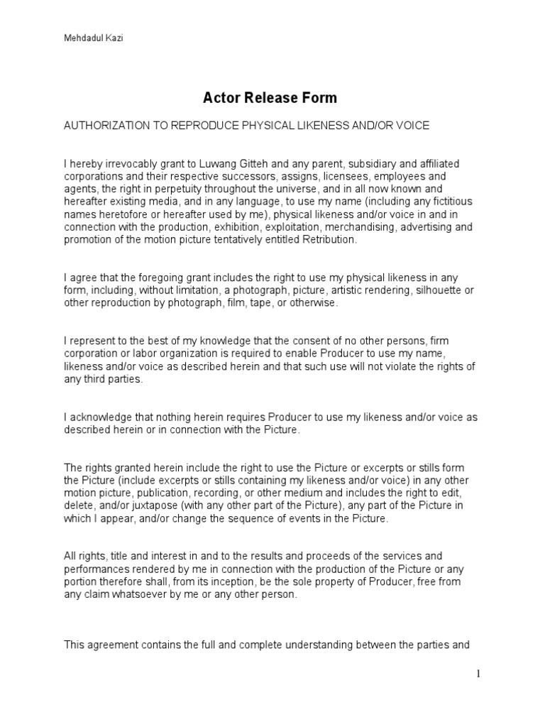 Actor Release Form | PDF