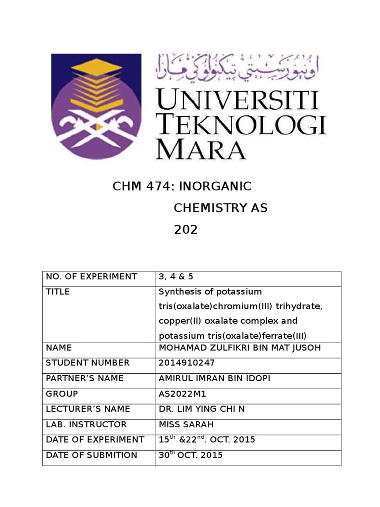 Lab Report Experiment 3 4 and 5 | PDF | Coordination Complex | Chemical ...