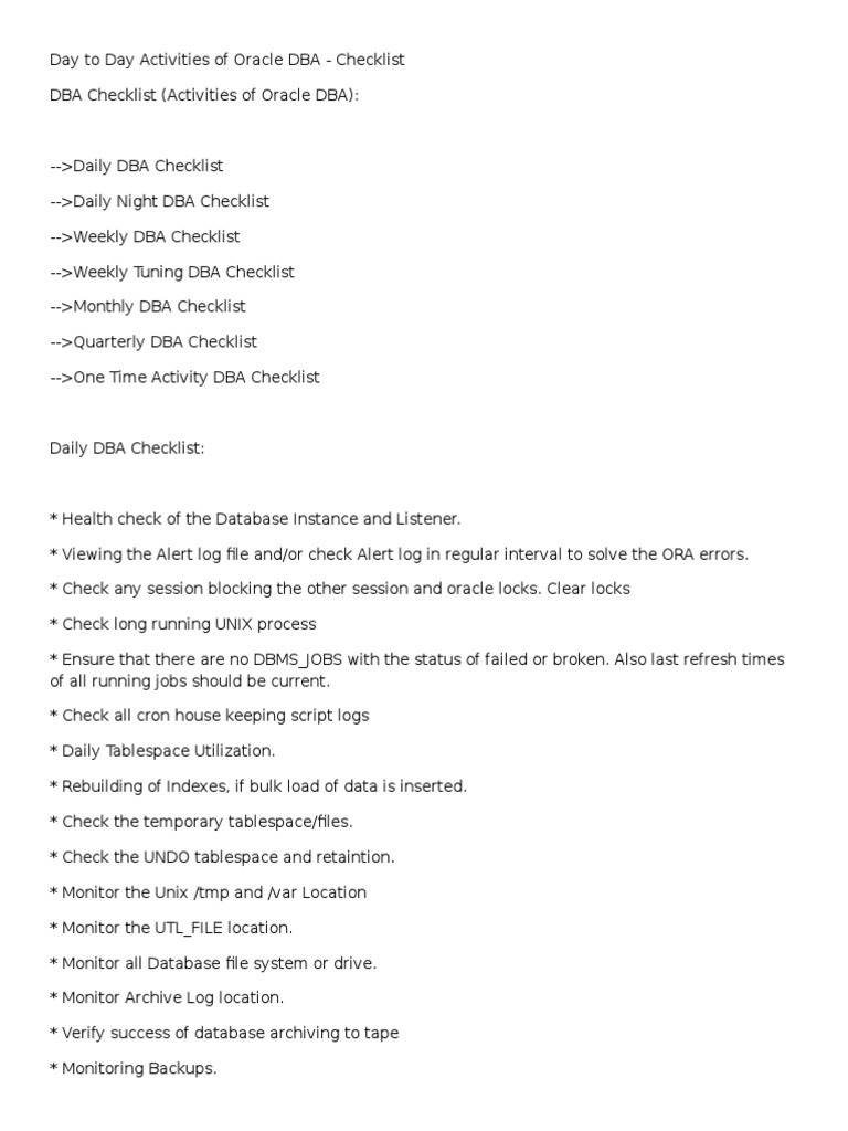 Oracle DBA Daily Activities Checklist | PDF | Database Index | Databases