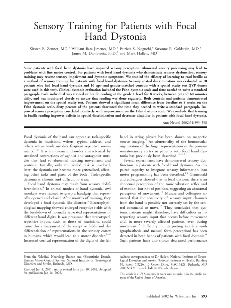 Sensory Training For Patients With Focal Hand DystoniaBraille PDF