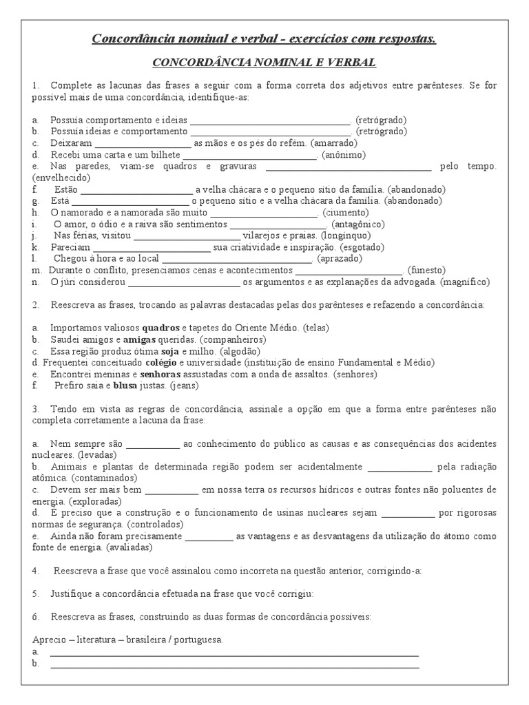 Concordância nominal e verbal: exercícios completos com respostas ...